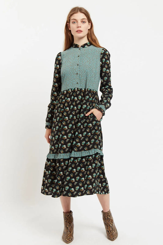 Louche Elsie Posy Patchwork Print  Tiered Long Sleeve Midi Dress