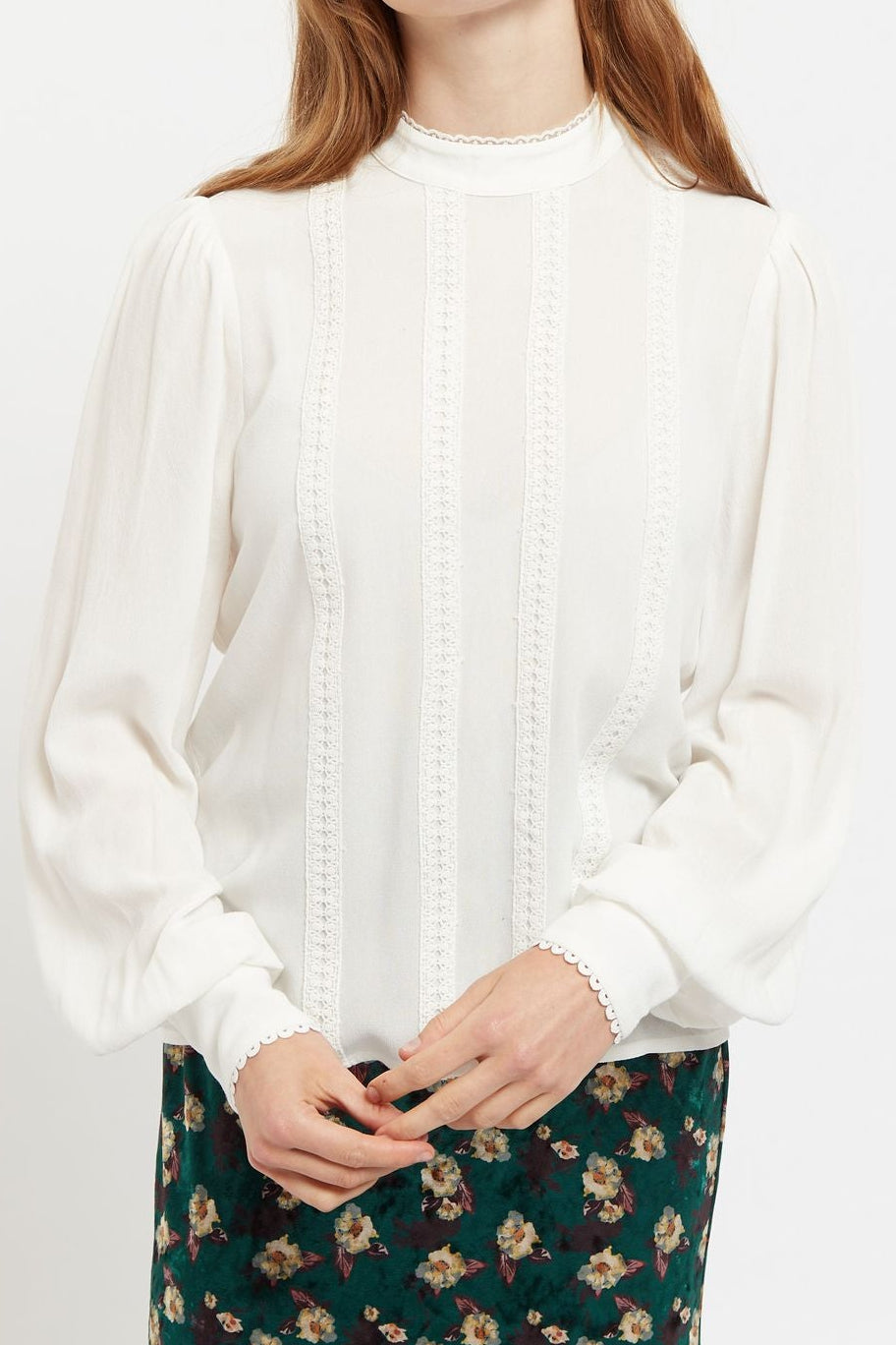 Enni White Lace Trim Long Sleeve Blouse
