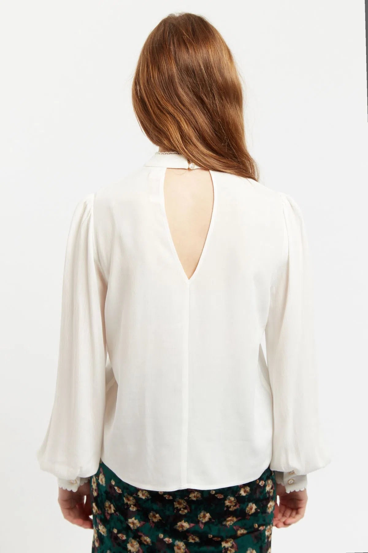 Enni White Lace Trim Long Sleeve Blouse