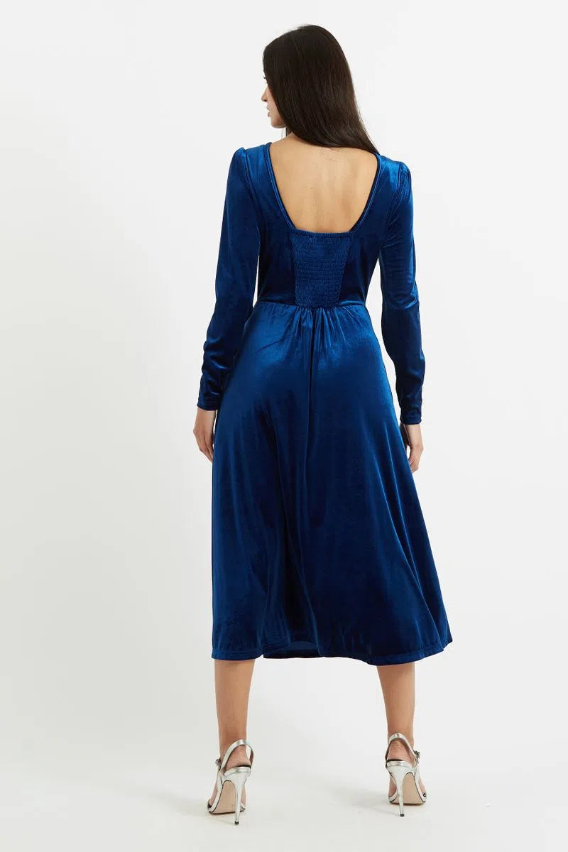 Fabrice Navy Velvet Deep Back Long Sleeve Midi Dress