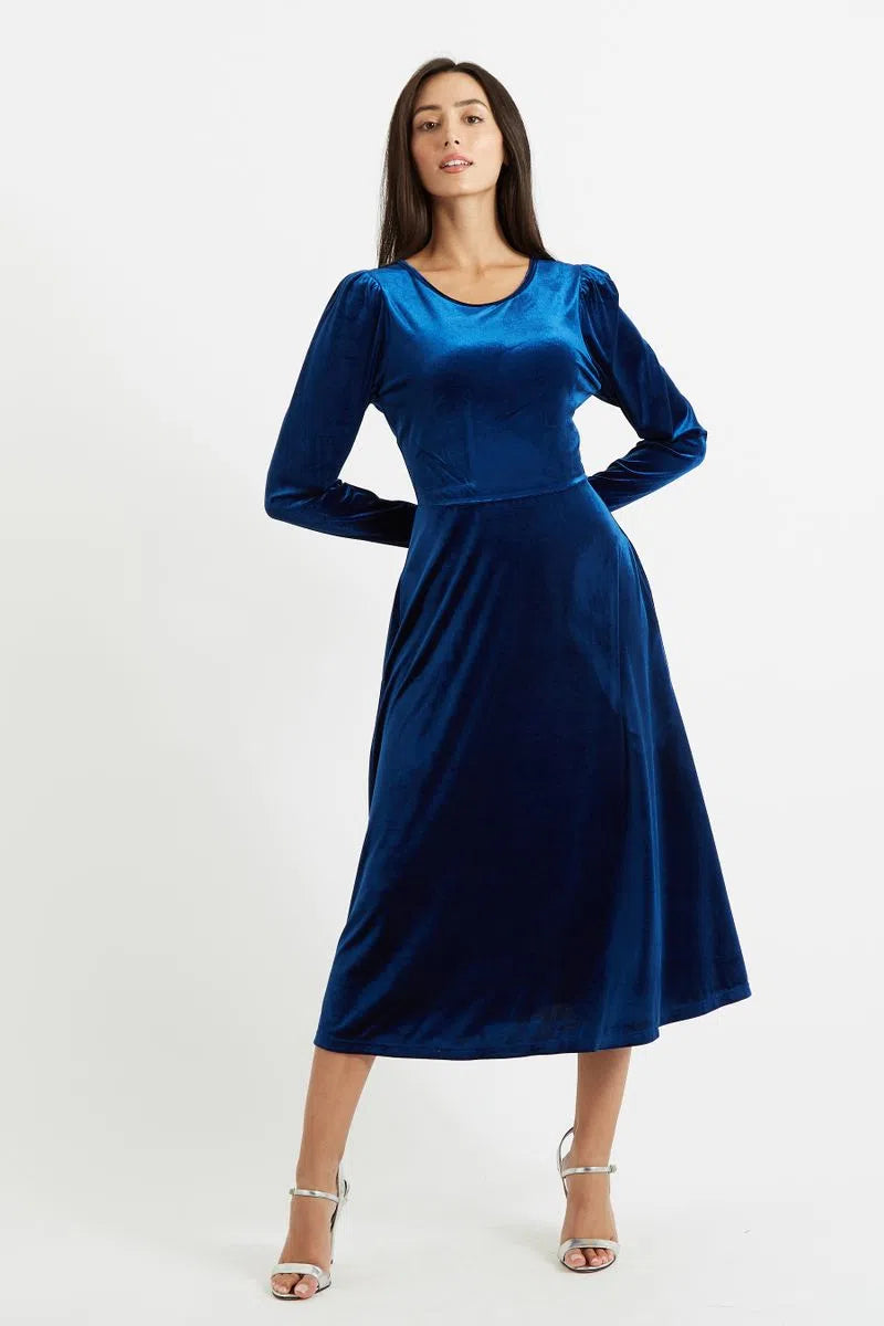 Fabrice Navy Velvet Deep Back Long Sleeve Midi Dress - Detail 2