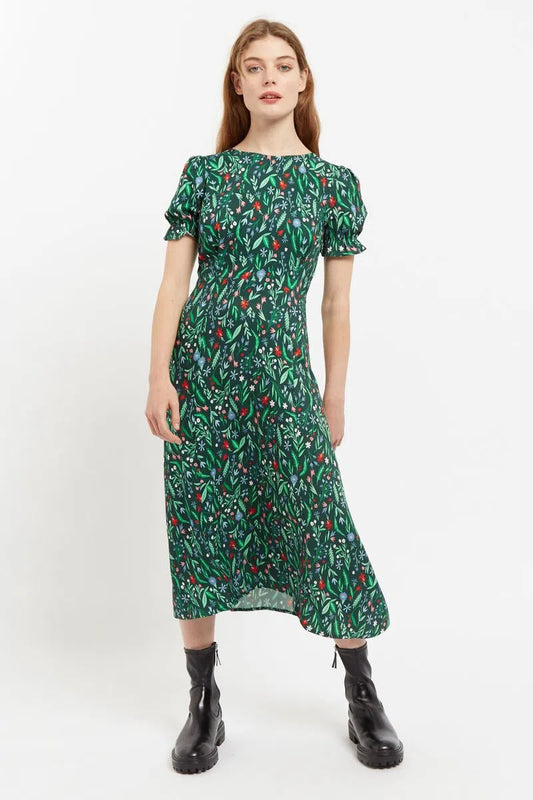 Louche Flo Folk Floral Print Puff Sleeve Midi Dress