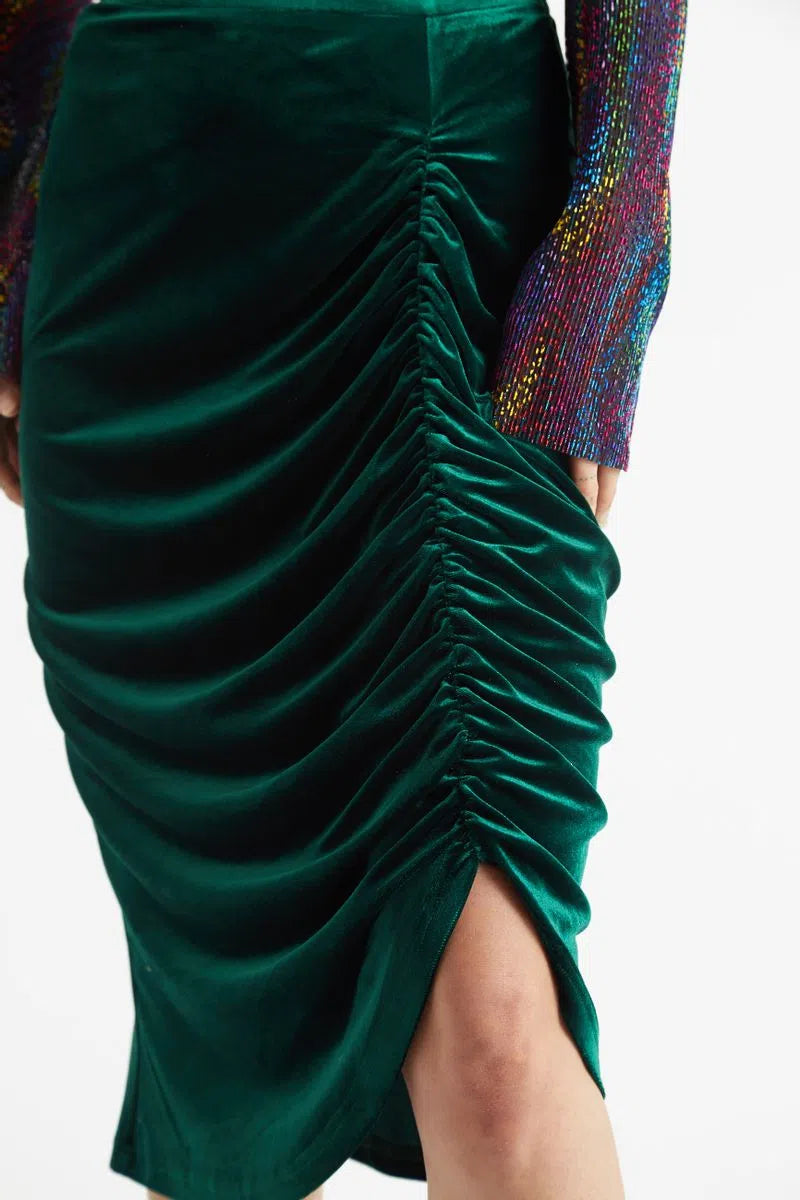 Louche Helka Velvet Ruched Mini Skirt Green