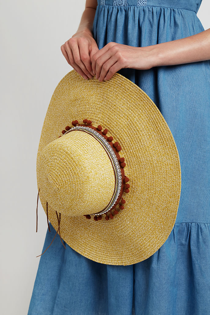 Louche January Large Brim Straw Hat With Pom Trim - Styled