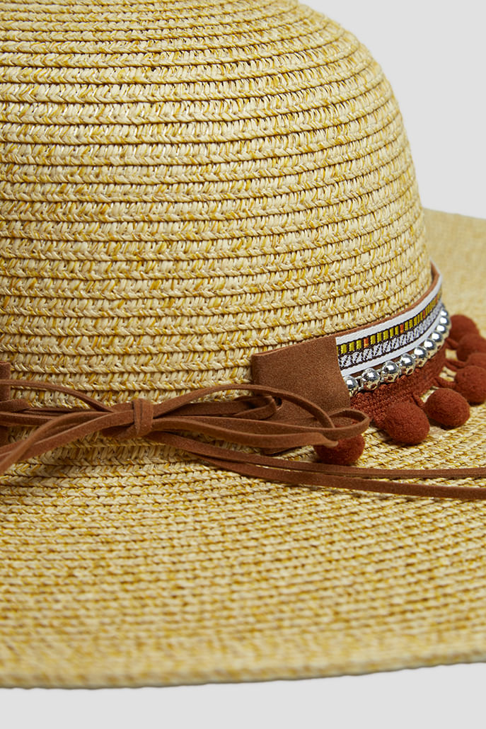 Louche January Large Brim Straw Hat With Pom Trim - Detail 1