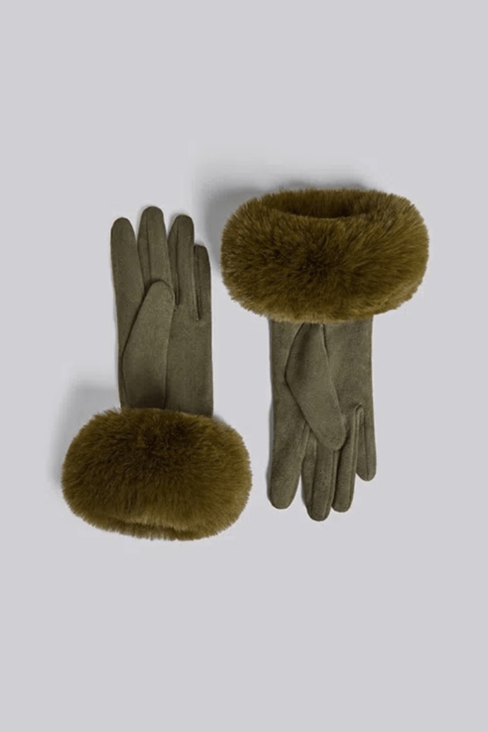 Louche Jade Faux Suede And Fur Cuffed Touch Screen Glove - Green