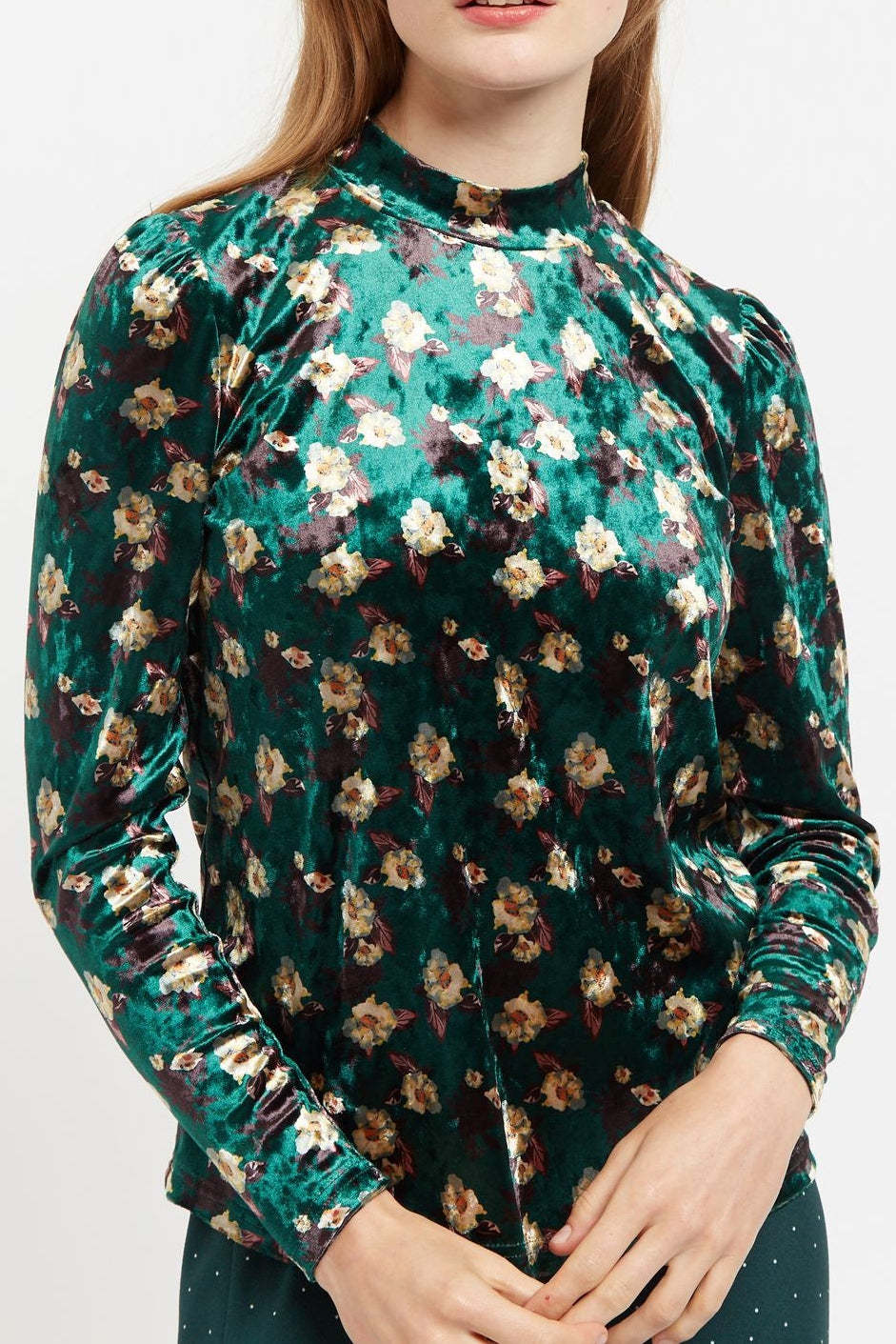 Louche Kirstine Paint Brush Print Velvet Long Sleeve Top in Multi - Front