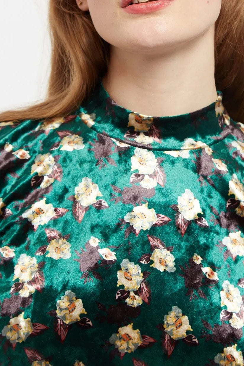 Louche Kirstine Paint Brush Print Velvet Long Sleeve Top in Multi - Detail 1