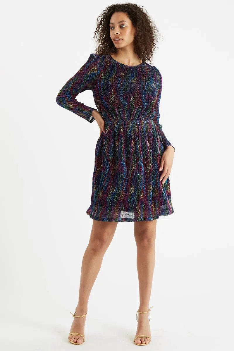 Louche Leina Plisse Foil Print Long Sleeved Mini Dress