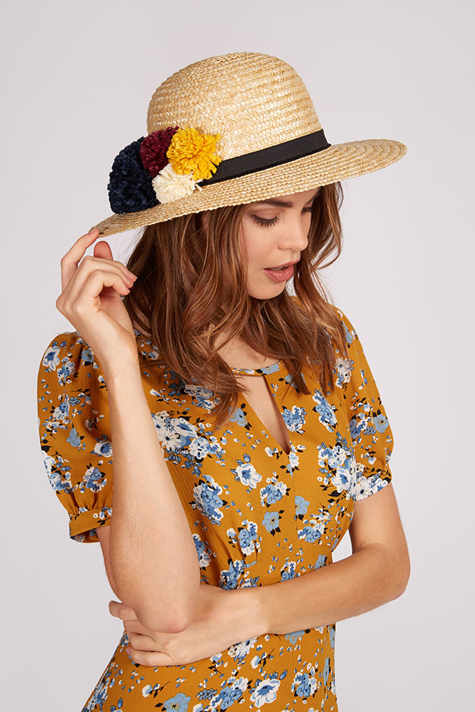 Louise Straw Boater Raffia Pom