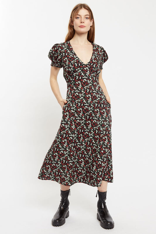 Minerva  Jolly Ditsy Print Puff Sleeve Midi Dress