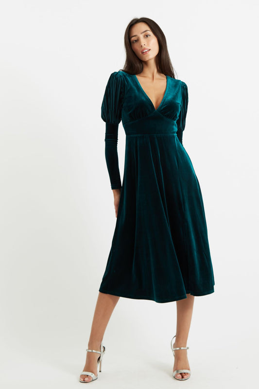 Louche Moa Velvet Stripe V Neck Midi Dress