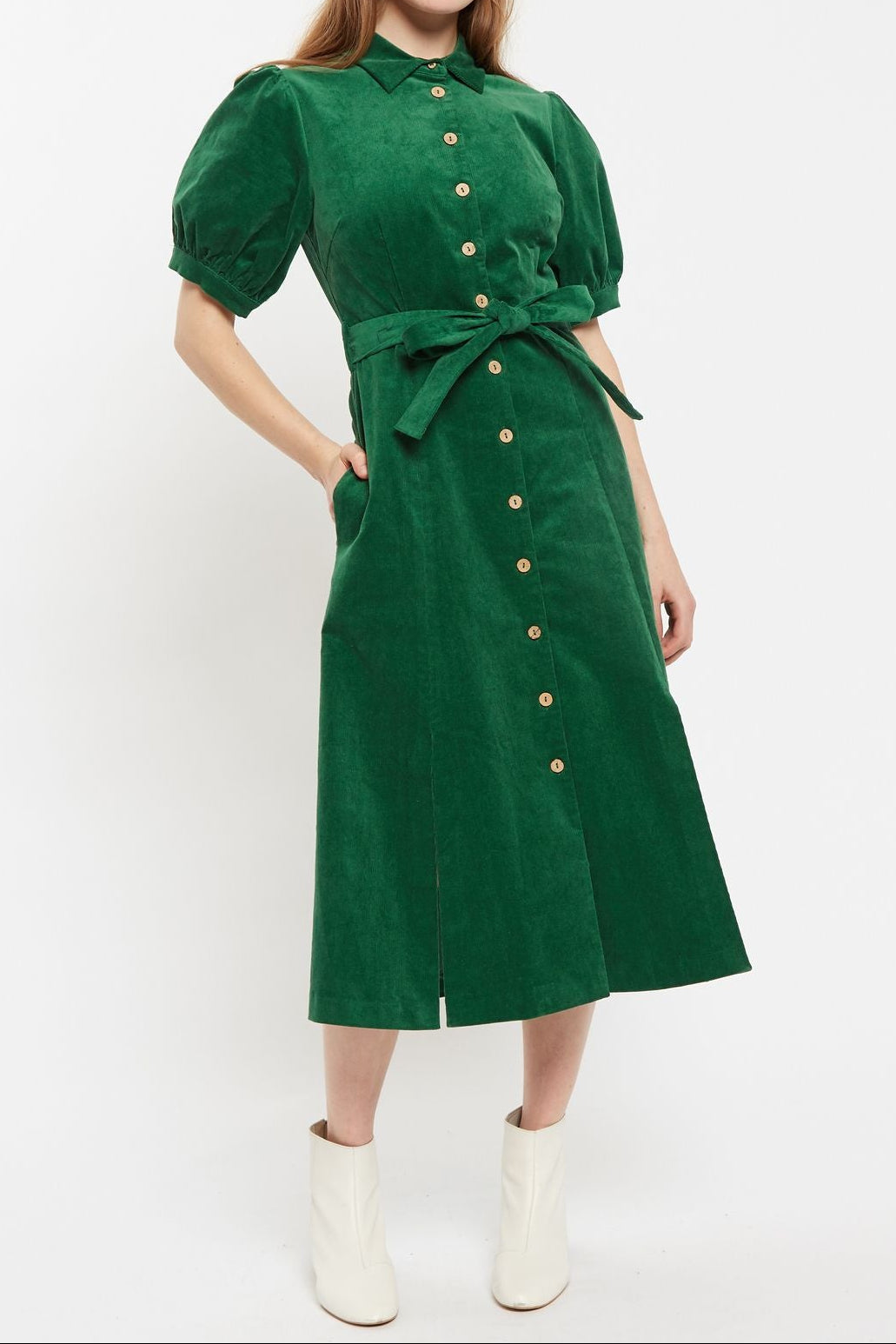 Mollie Baby Cord  Puff Sleeve Midi Shirtdress