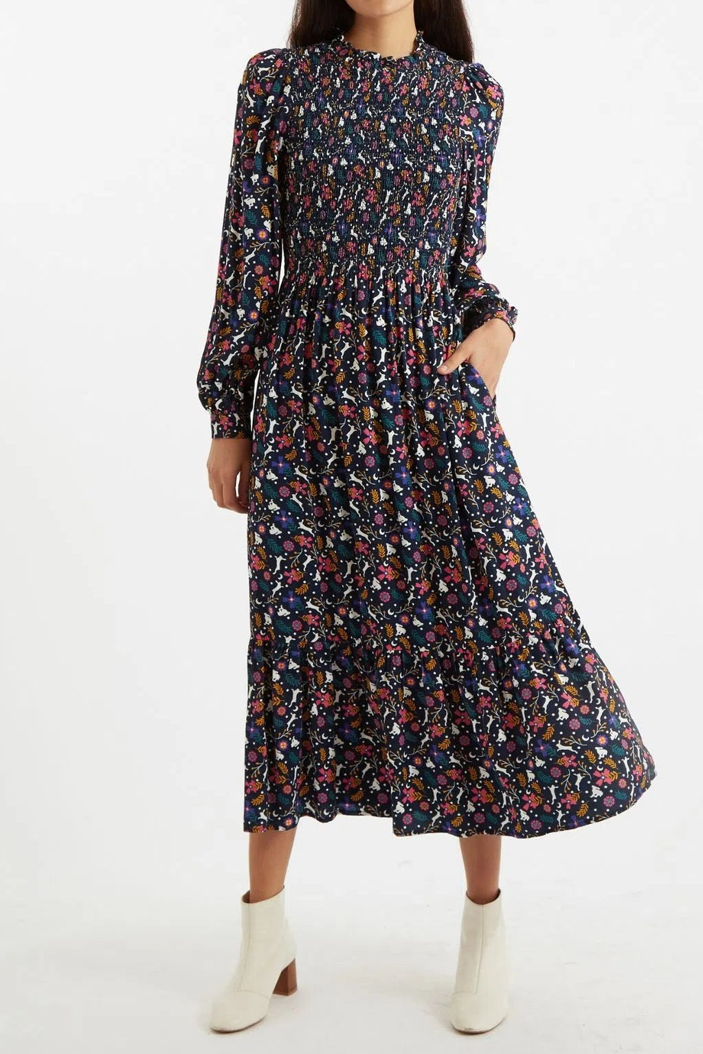 Peppi White Rabbit Print Smocked Bodice Midi Dress