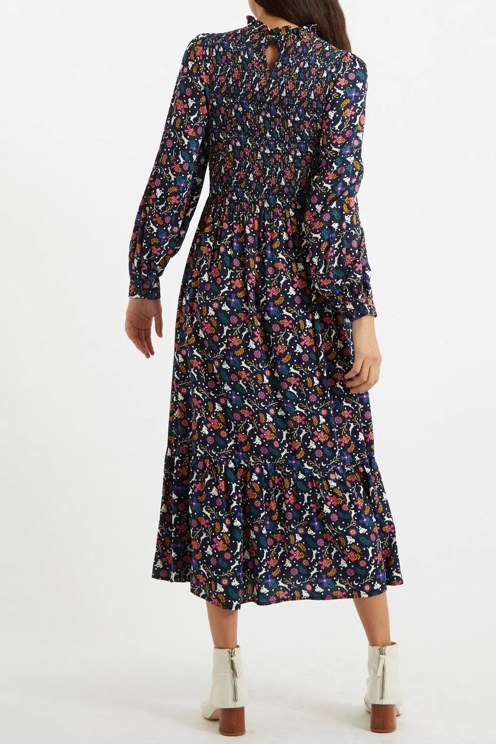 Peppi White Rabbit Print Smocked Bodice Midi Dress