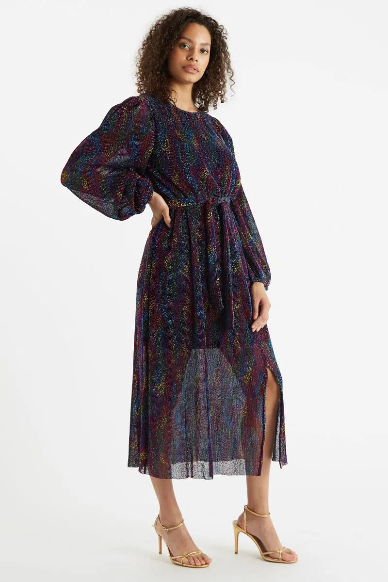 Louche Roza Plisse Foil Print V Back Midi Dress