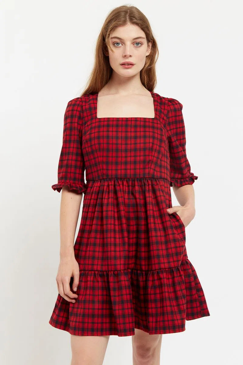 Louche Sassa Winter Gingham Tiered Mini Dress in Red and Black – JOY