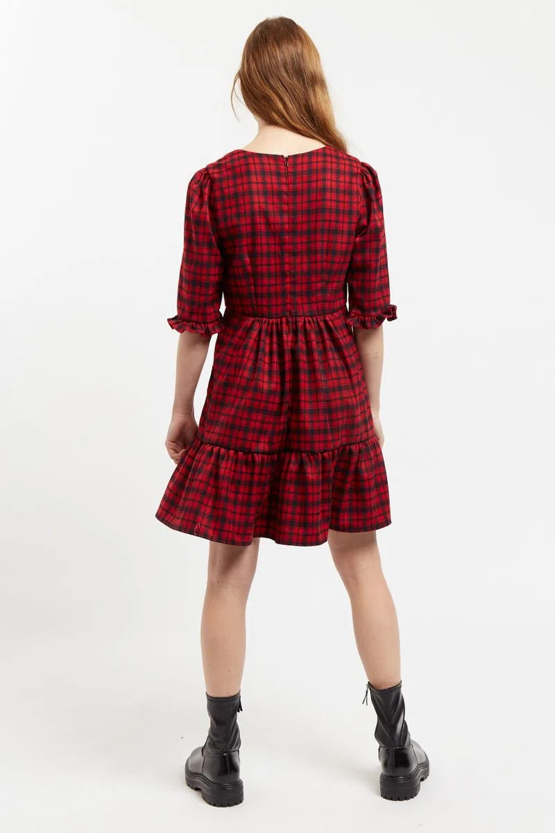 Louche Sassa Winter Gingham Tiered Mini Dress in Red and Black
