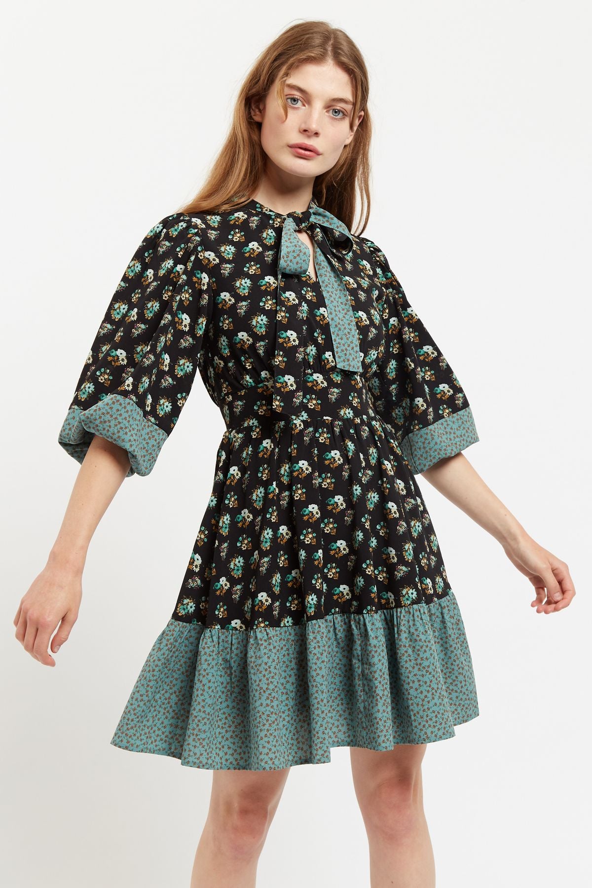 Louche Stina Posy Patchwork Print Tiered Tie Neck Mini Dress