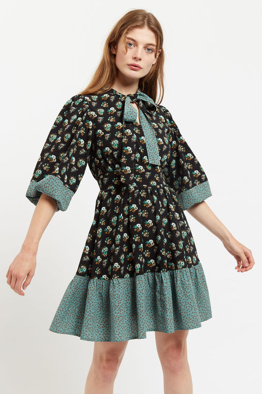 Louche Stina Posy Patchwork Print Tiered Tie Neck Mini Dress
