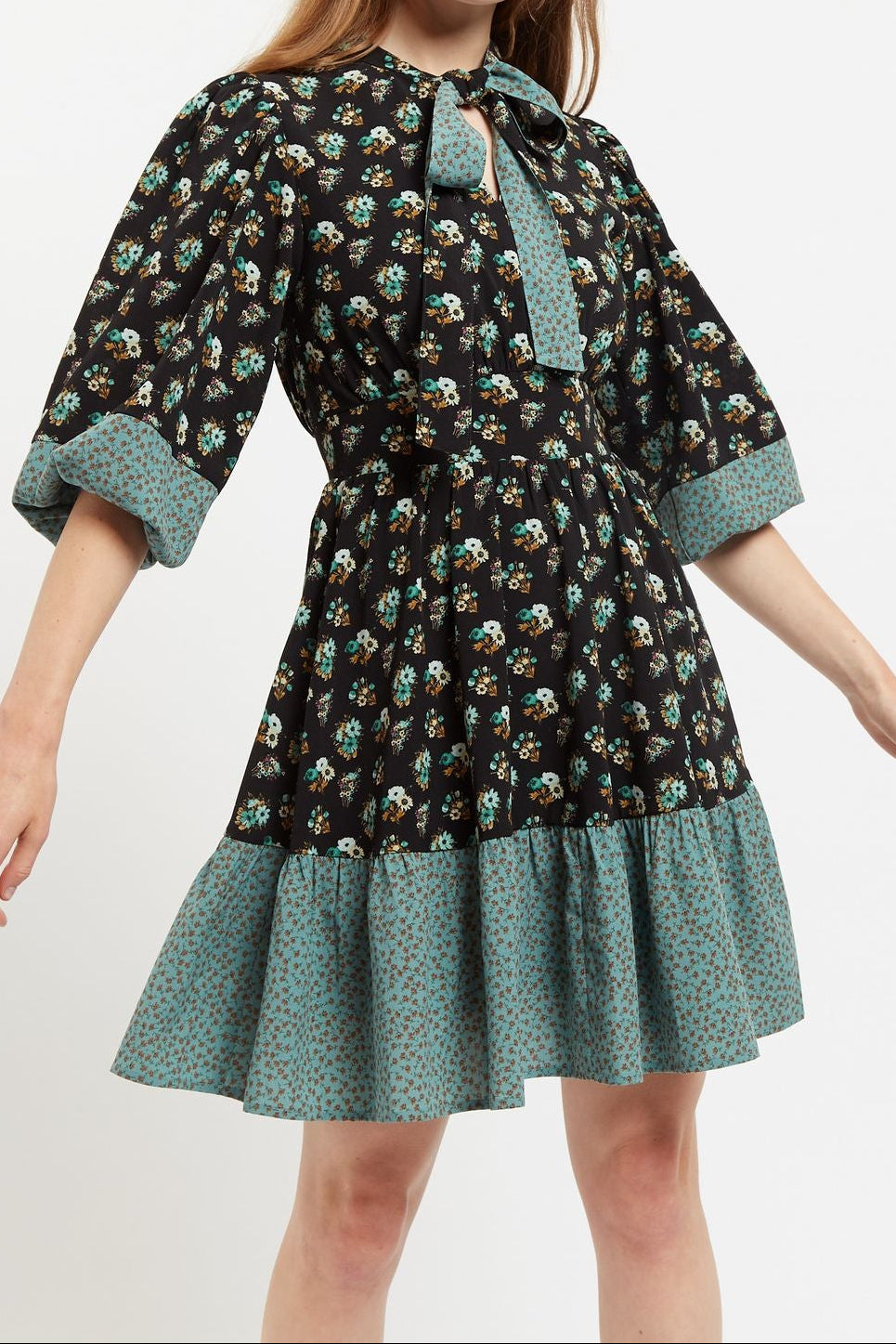 Louche Stina Posy Patchwork Print Tiered Tie Neck Mini Dress