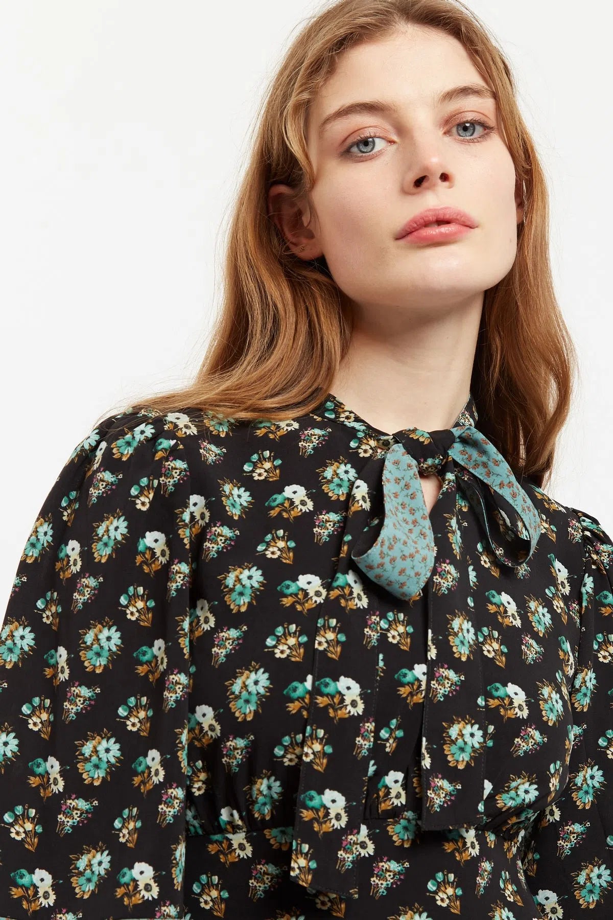 Louche Stina Posy Patchwork Print Tiered Tie Neck Mini Dress