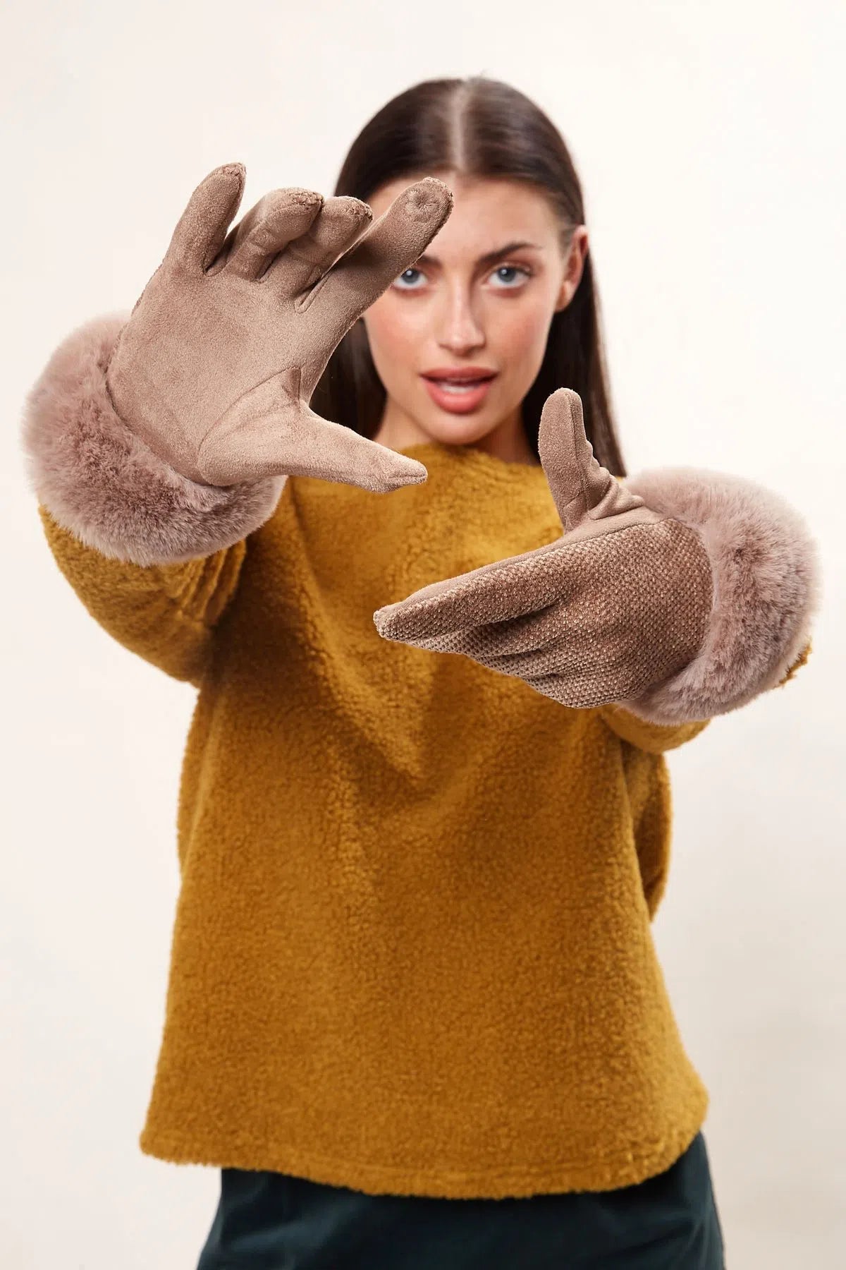 Louche Emer Faux Suede And Fur Cuffed Touch Screen Gloves - Stone