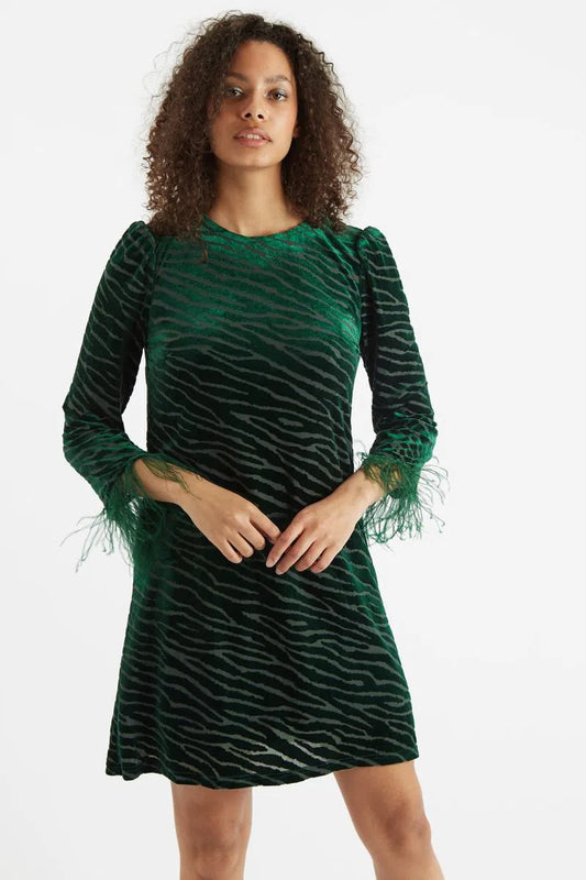 Louche Celie Zebra Devore Feather Trimmed Mini Dress Green